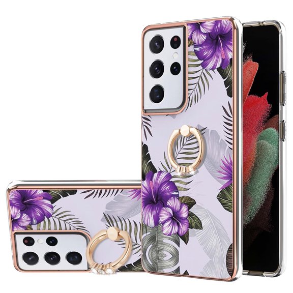 Galaxy S21 Ultra 6.8" 2021 Case, Slim Flexible TPU Marble Pattern with Ring Kickstand Durable Shockproof Protective Case  S21 Ultra Ladies Girls Women, Purple Flower