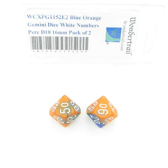 Blue and Orange Gemini Dice with White Numbers Perc D10 Aprox 16mm (5/8in) Pack of 2 Wondertrail