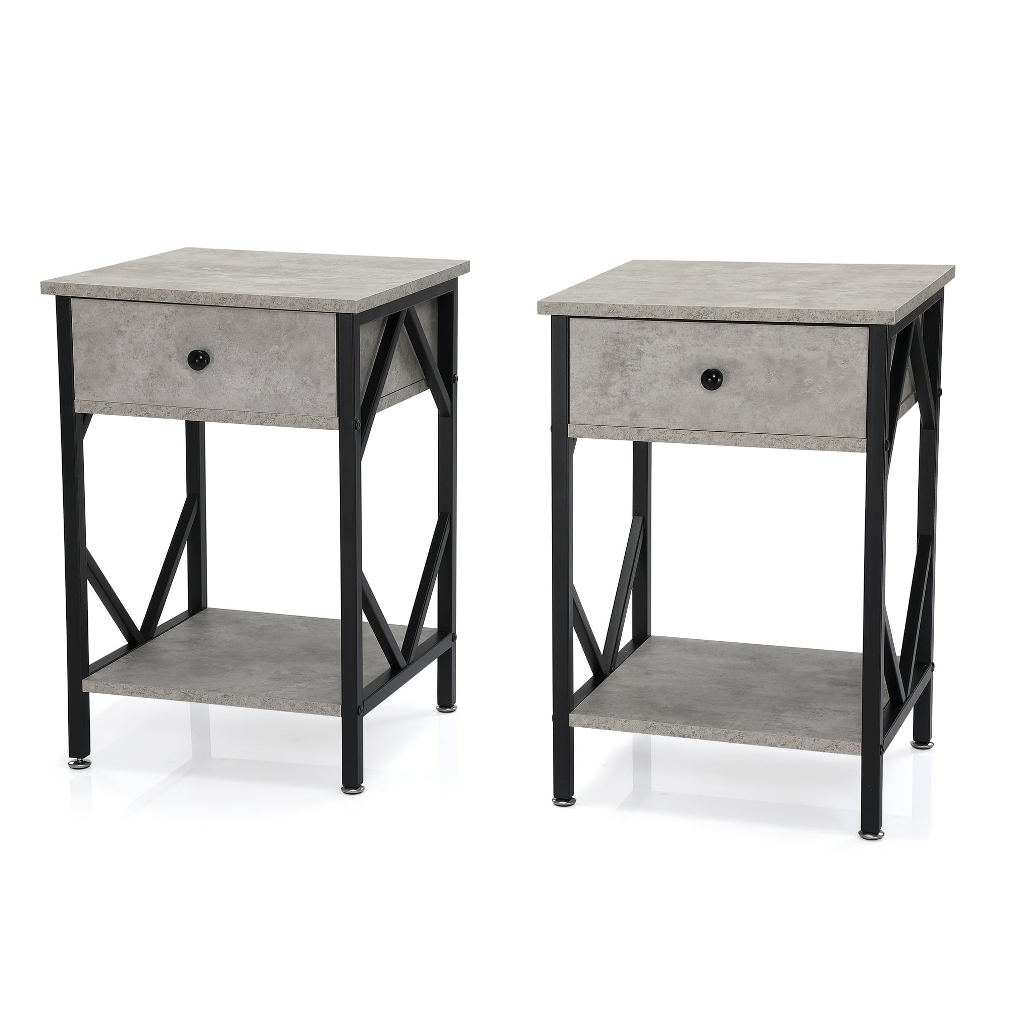 Set of 2 Nightstand Industrial End Table with Drawer; Storage Shelf and