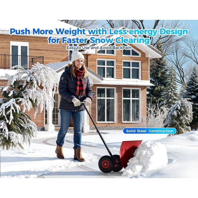 Royalbelle Red Blade Snow Shovel with Wheels, Ergonomic Steel Pusher