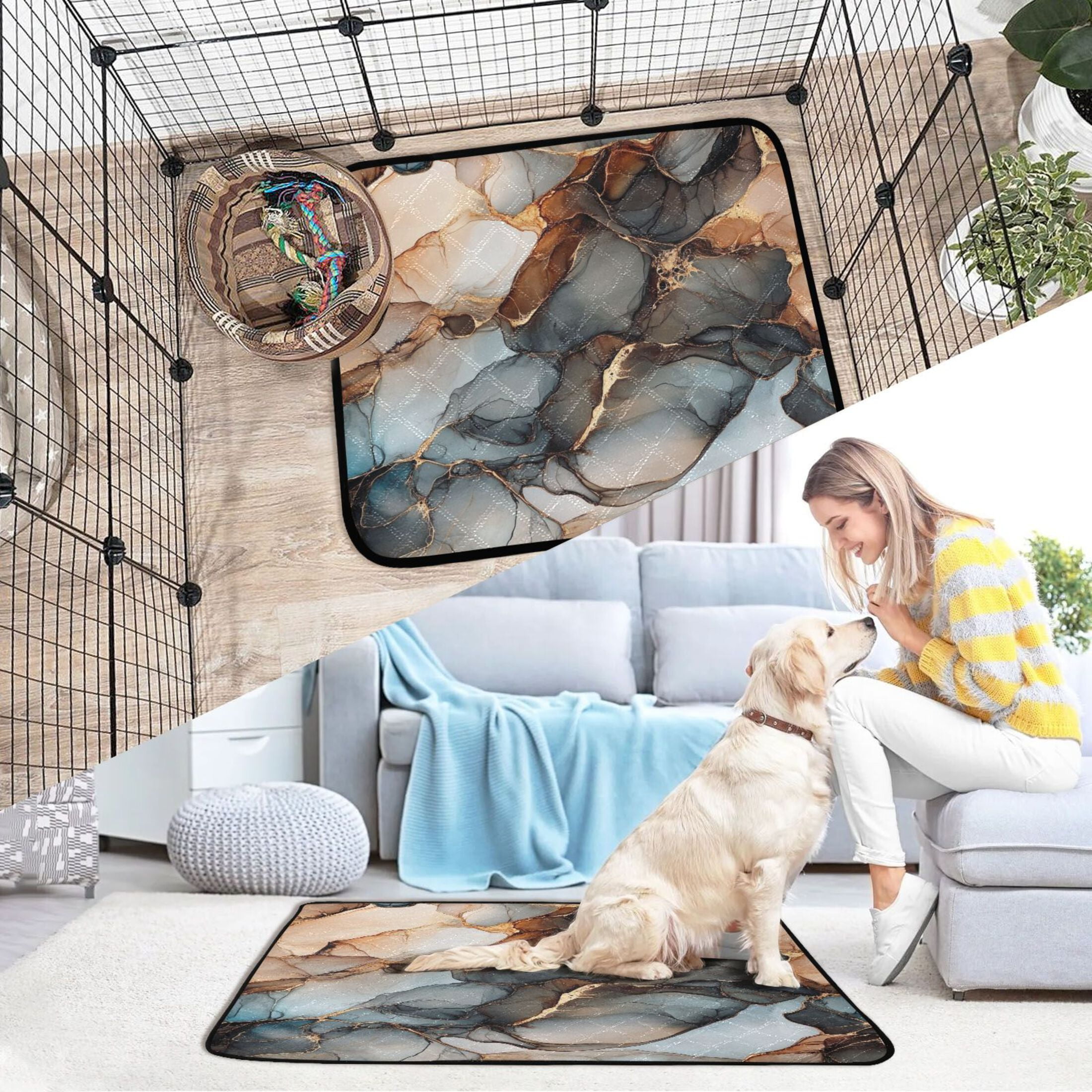 Qxltty Brown Gilt Marble Pattern Cat litter Pads Pet Set of 3 Diaper Mats Center Anti-leakage Layer Absorbent Soft and Comfortable