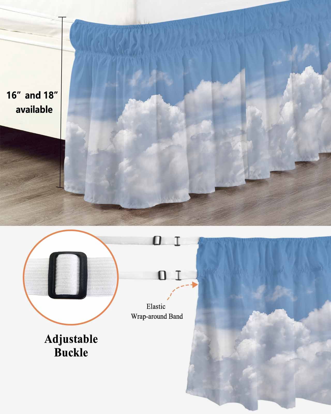 Sunny Clouds Bed Skirt White Gradient Sky Bed Skirts King Size 18 Inch Drop, Wrap Around Dust Ruffle&nbsp;Bedskirt with Adjustable Elastic Belt for Queen Size Beds