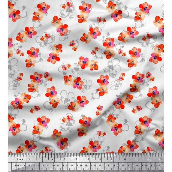 Soimoi White Modal Satin Fabric Flower Watercolor Print Fabric by Yard 42 Inch Wide