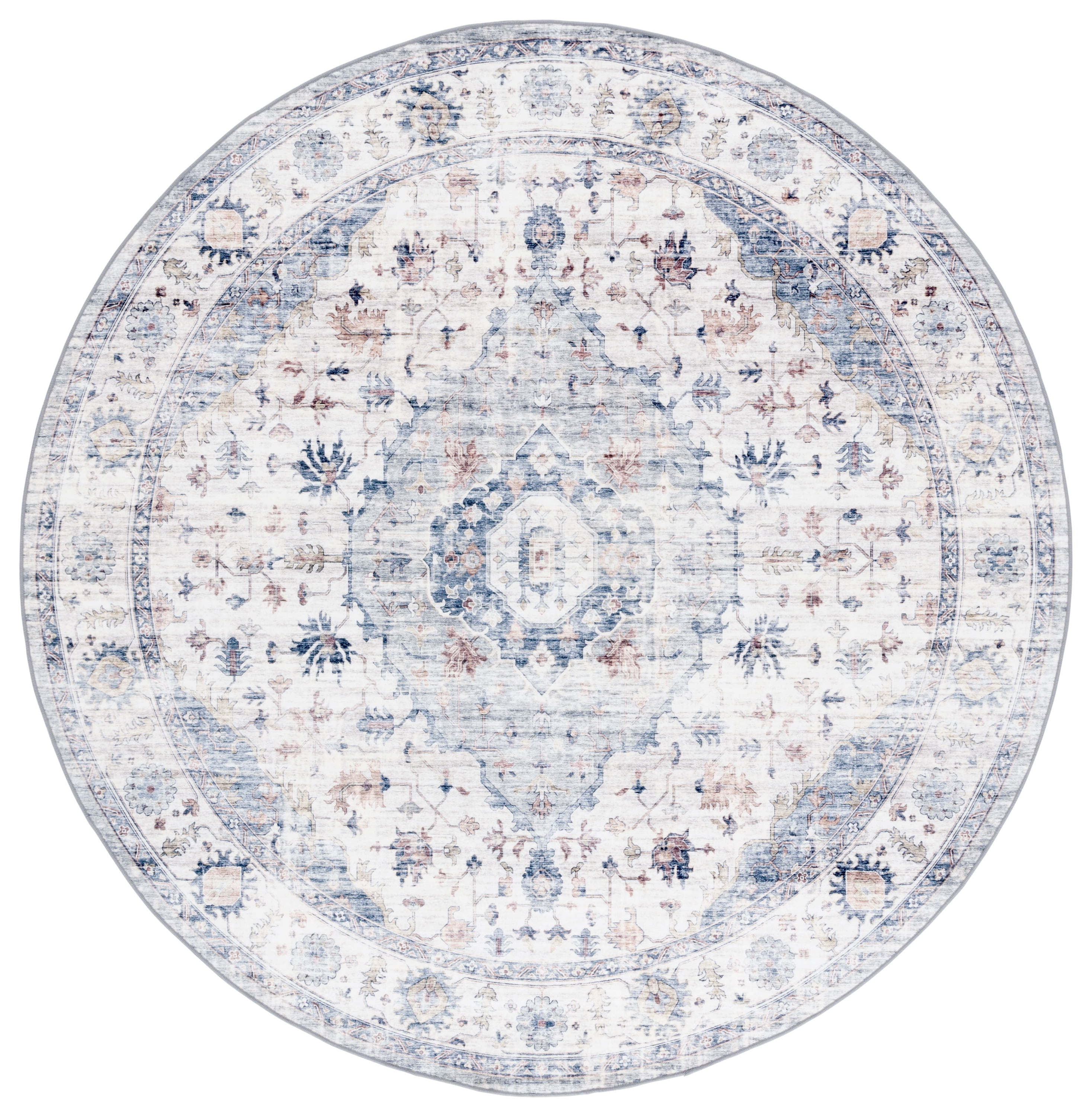 Safavieh Arizona Asa Medallion Polyester Machine Washable Area Rug, Light Blue/Ivory, 4' x 4' Round