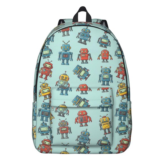 Robot and Blasters Blue Pattern Backpack for School, Cute School Bag with Adjustable Shoulder Straps and Padded Back, 15.7"x11.8"x5.5"