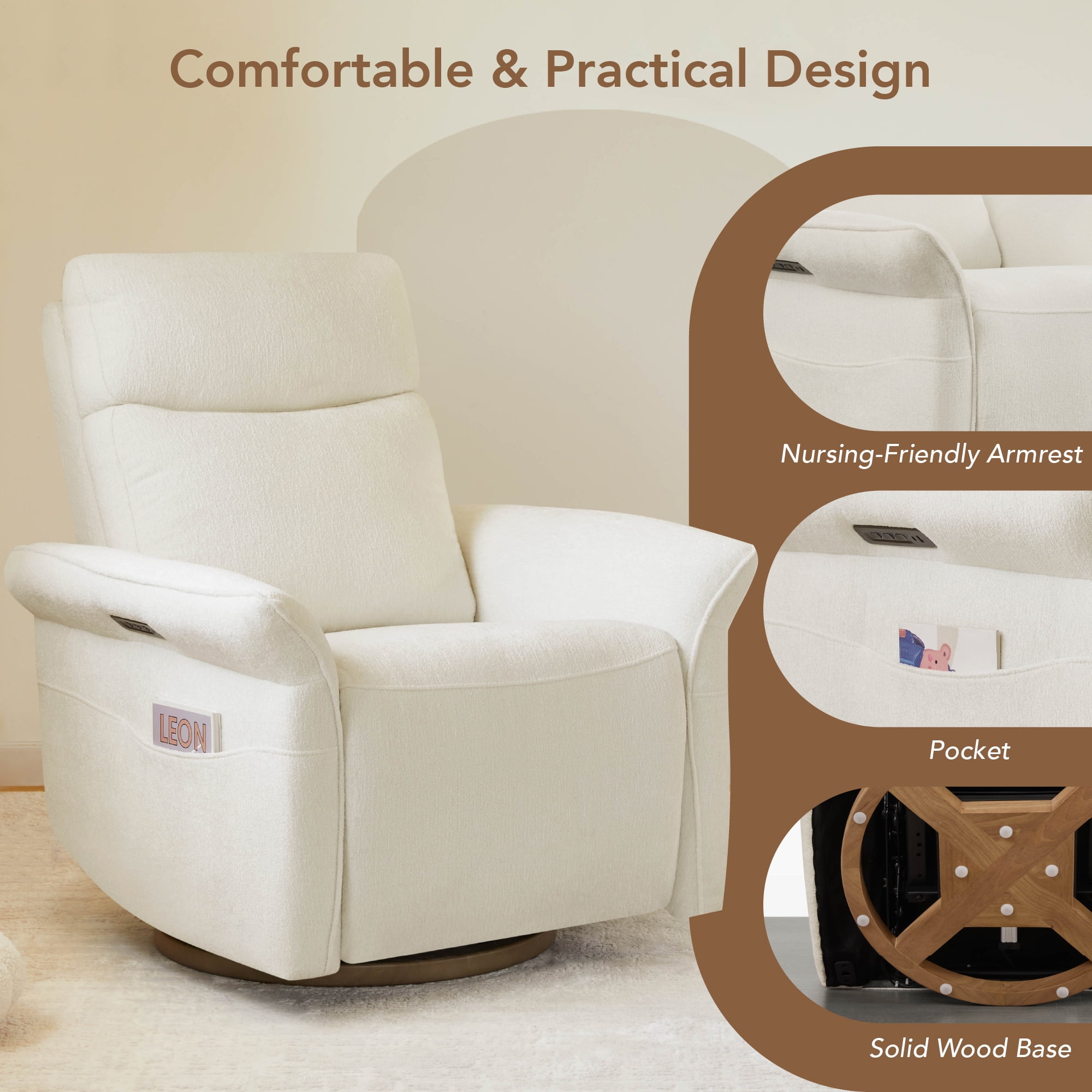 Spruce & Spring Triple Motor Power Swivel Recliner for Mothers, Cream-Chenille