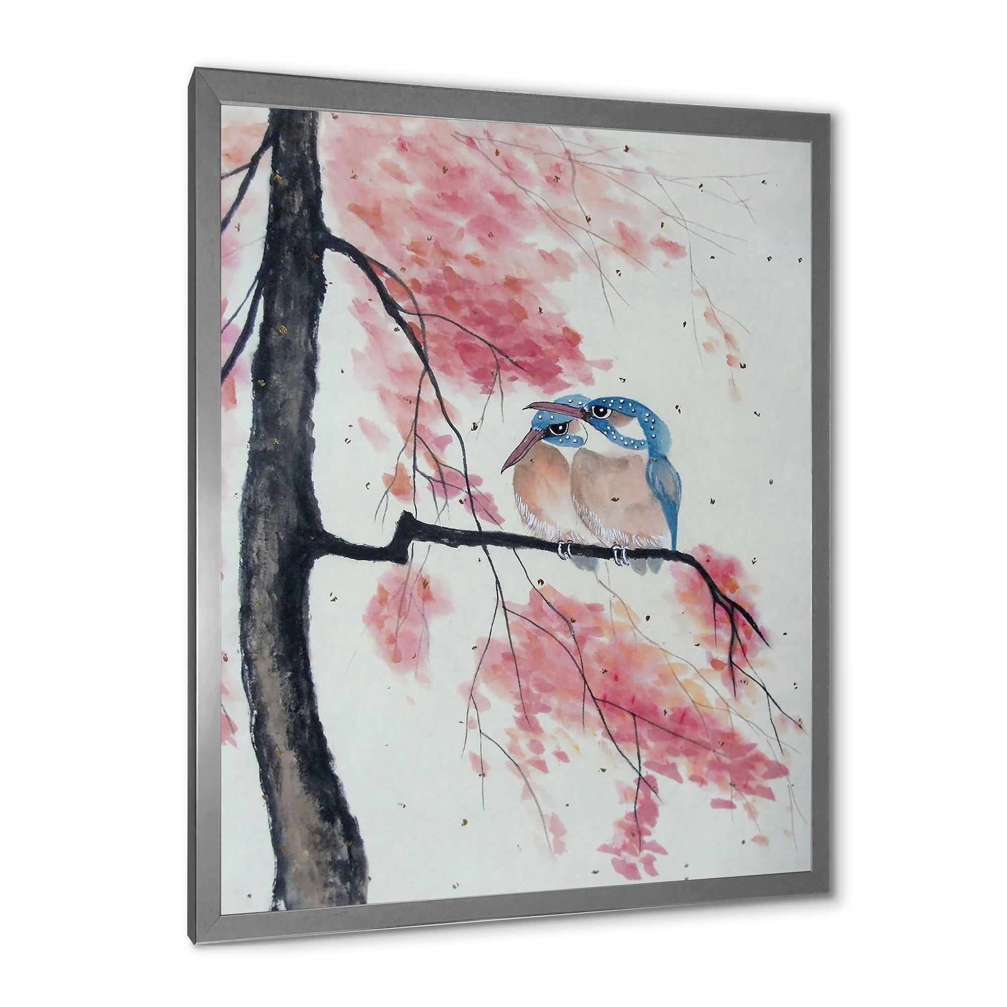 Two Blue Kingfisher Birds Sitting On A Flowering Branch 16 in x 32 in Framed Painting Canvas Art Print, by Designart