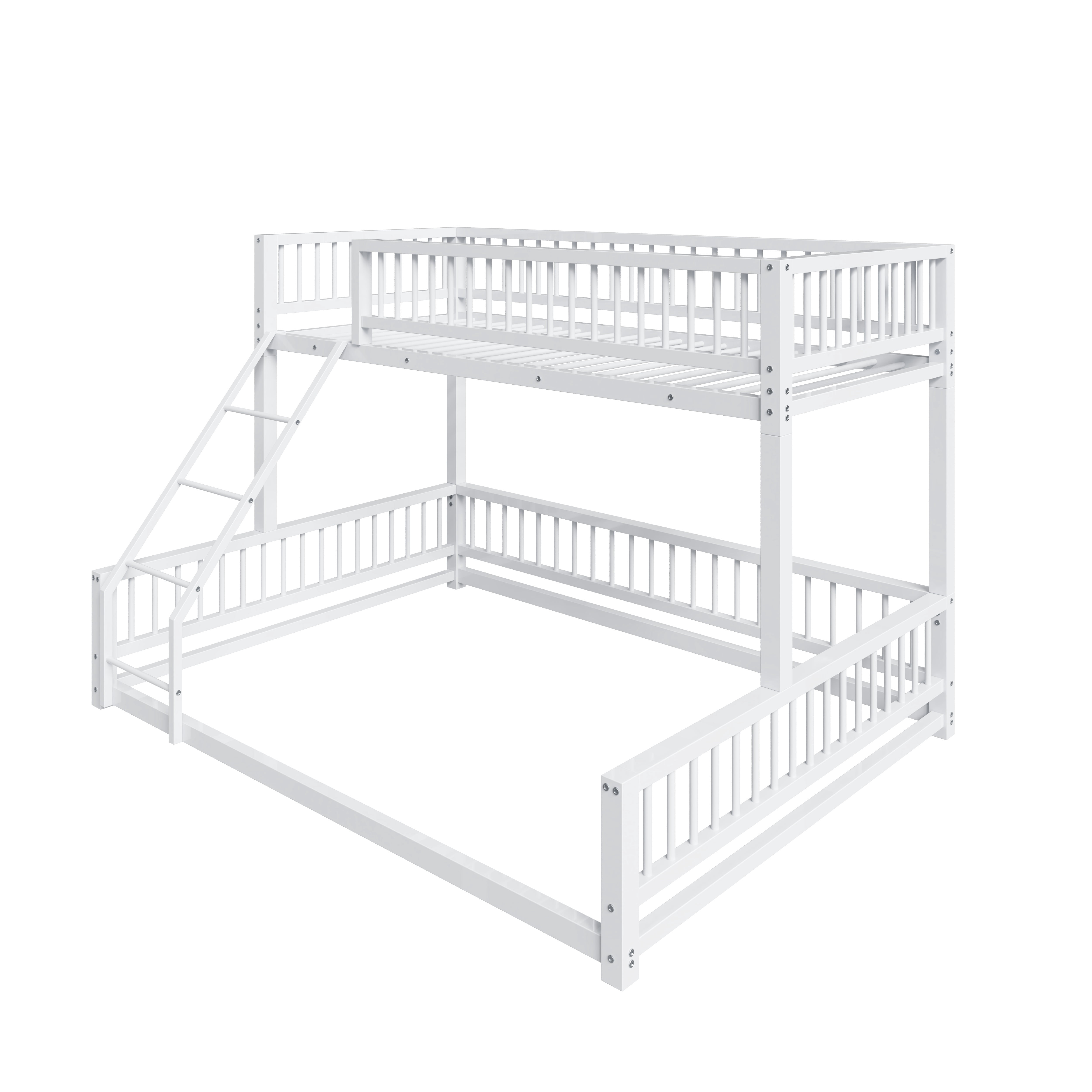 Euroco Metal Twin XL over Queen Bunk Bed, Convertible Floor Bed with Ladder and Guardrails, White