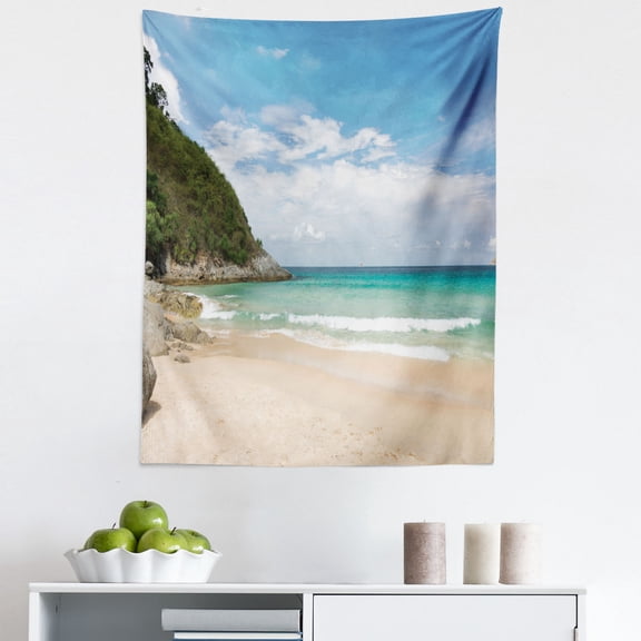 Beach Scene Tapestry, Phuket Thailand Landscape Ocean Waves Sandy Shore Sky Summer View, Fabric Wall Hanging Decor for Bedroom Living Room Dorm, 5 Sizes, Beige Turquoise and Blue, by Ambesonne