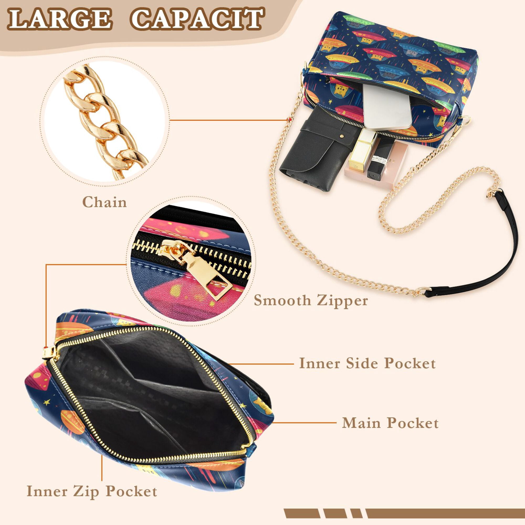 FORMRS Women Crossbody Purse with Chain Strap Vegan Leather Shoulder Handbag, Rainbow Space Cat