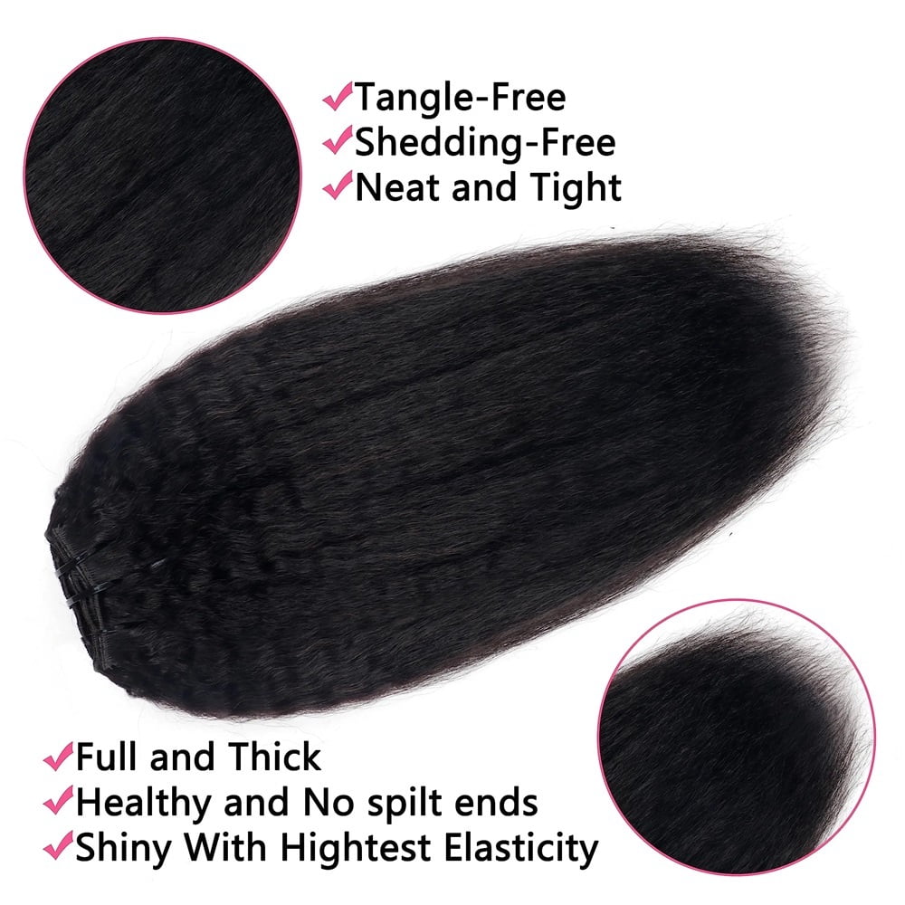 Kinky Straight Clip in Hair Extensions Real Human Hair Natural Black Double Weft Clip ins