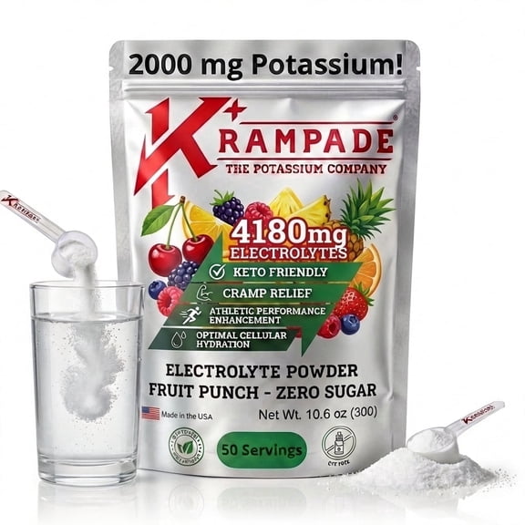 Krampade High Potassium Electrolytes Powder Original Zero Fruit Punch Zero Sugar Cramp Relief Keto 4180mg Electrolytes 2000mg Potassium 50 Servings