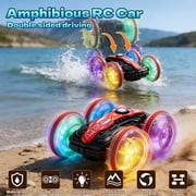 JoyStone Amphibious Remote Control Car Boat with LED Lights, 4WD RC Stunt Car Toy for Boys Girls, Water Beach Pool Toys for Kids Ages 8-12, Red