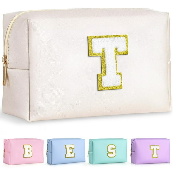 TOPEAST Artículos Preppy para Chicas, Neceser de Maquillaje con Iniciales de Chenilla y Letras, Neceser con Cremallera, Neceser Impermeable de Cuero PU, Regalo de Cumpleaños para Amigas y Hermanas (T