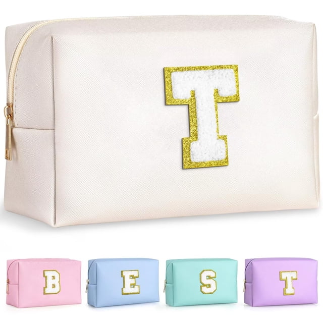 TOPEAST Artículos Preppy para Chicas, Neceser de Maquillaje con Iniciales de Chenilla y Letras, Neceser con Cremallera, Neceser Impermeable de Cuero PU, Regalo de Cumpleaños para Amigas y Hermanas (T