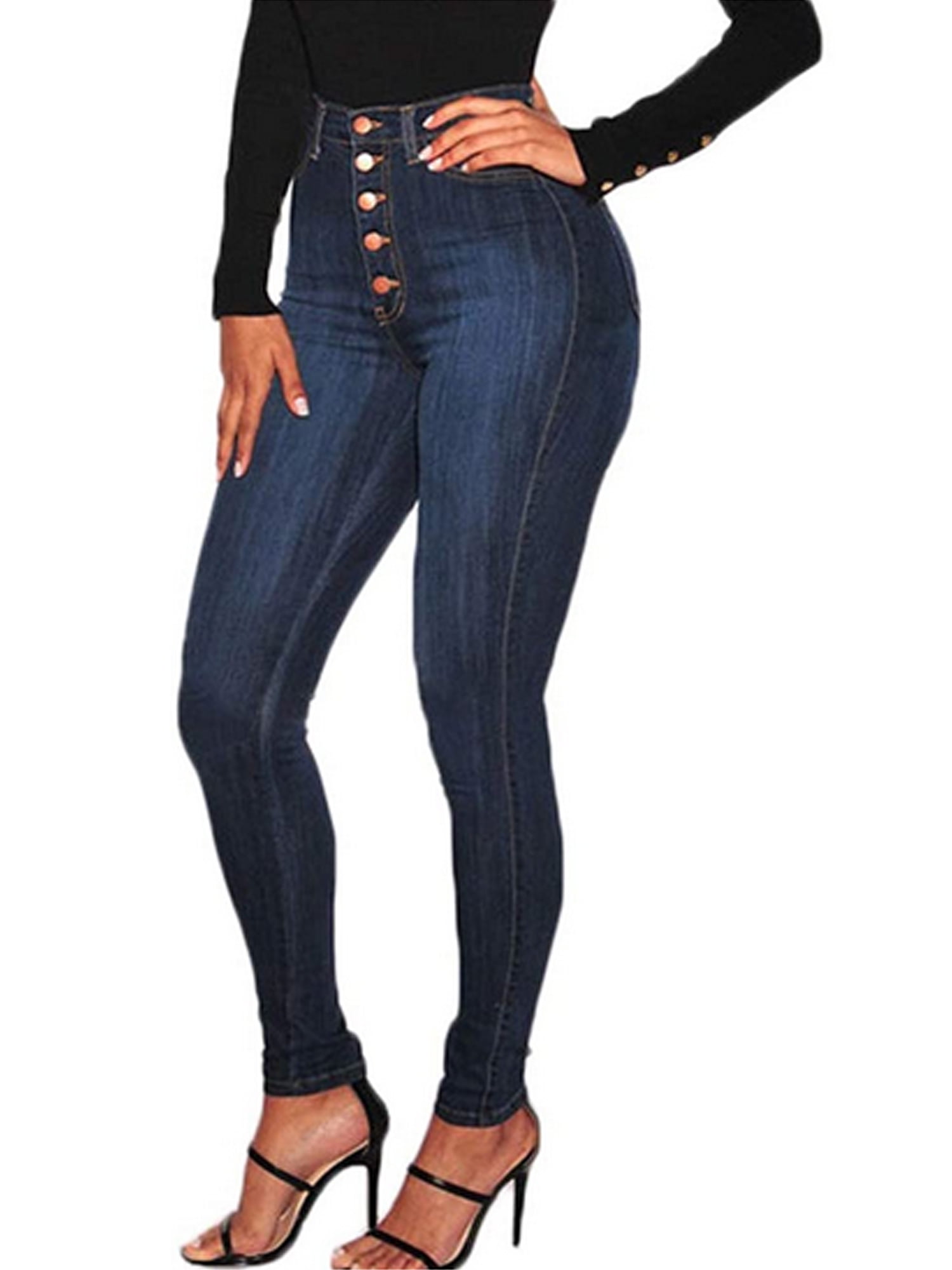 Women Denim Button Up High Waist Skinny Jeans Ladies Slim Stretch ...