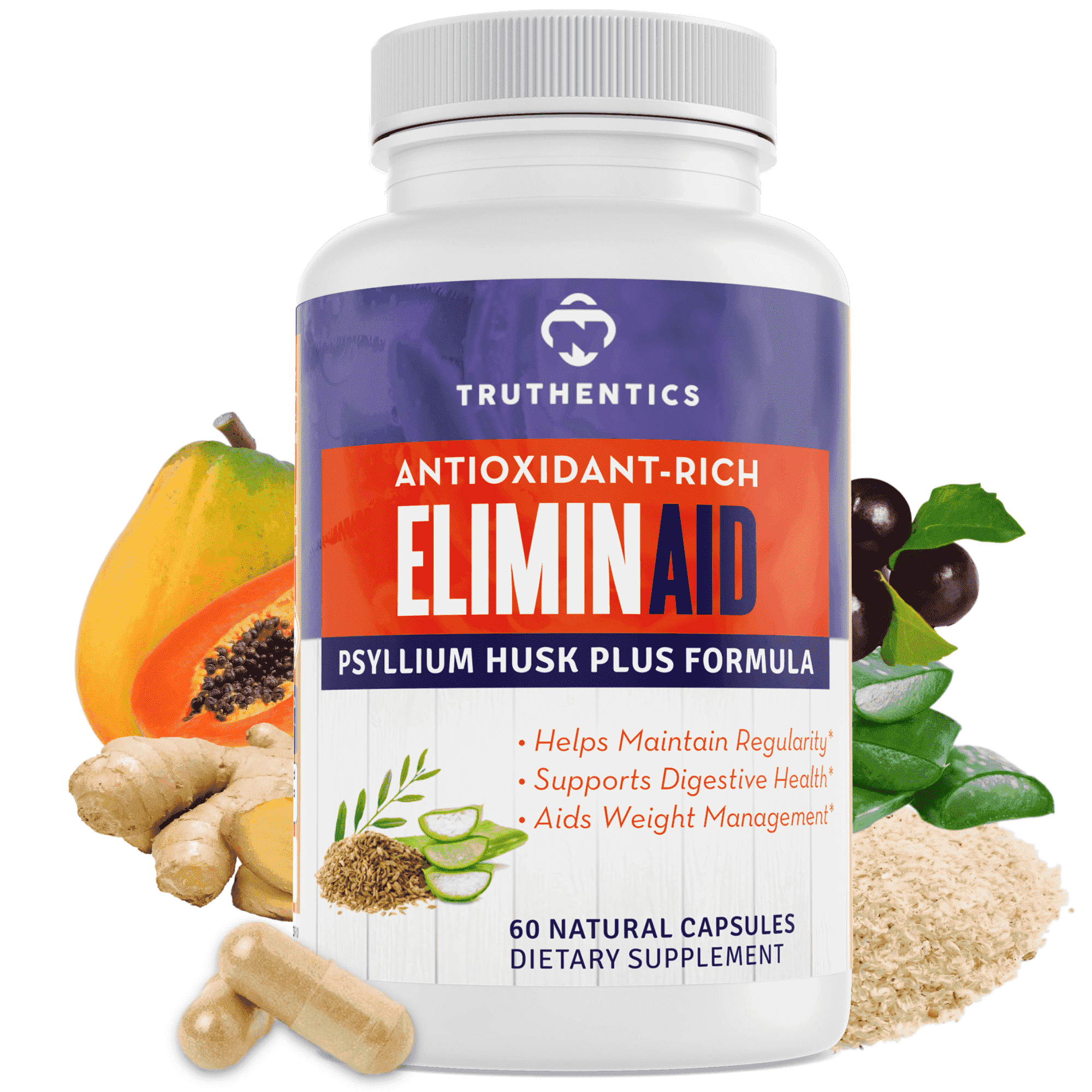Truthentics Psyllium Husk Capsules 1080mg + Slippery Elm | Eliminaid Fiber Supplement for Digestive Health & Regularity | With Aloe & Prebiotics | 60 Capsules