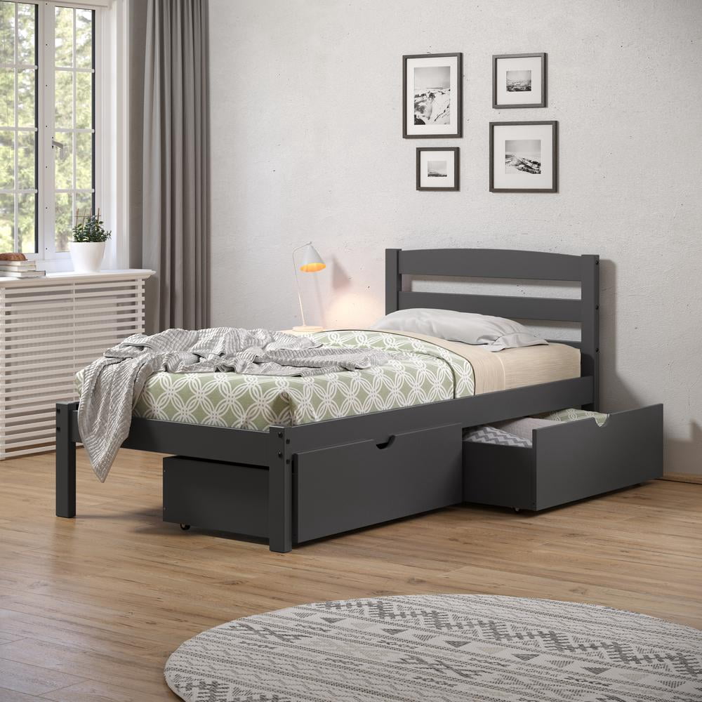 Donco Kids Econo Scandinavian Twin Dark Grey Bed with Dual Underbed Drawers, Twin, Dark Grey