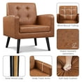 thumbnail image 4 of -Century Accent Chairs, PU Leather Modern Upholstered Living Room Chair, Cozy Armchair Button Tufted Back and Wood Legs for Bedroom/Office/Cafe, Brown, 4 of 5