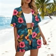 thumbnail image 4 of HOZADOIE Two Piece Sets for Women Beach Lounge Sets Stylish Hawaiian Print Color Block Short Sleeve Cardigan Elastic Drawstring Waist Shorts Summer Matching Set, 4 of 7