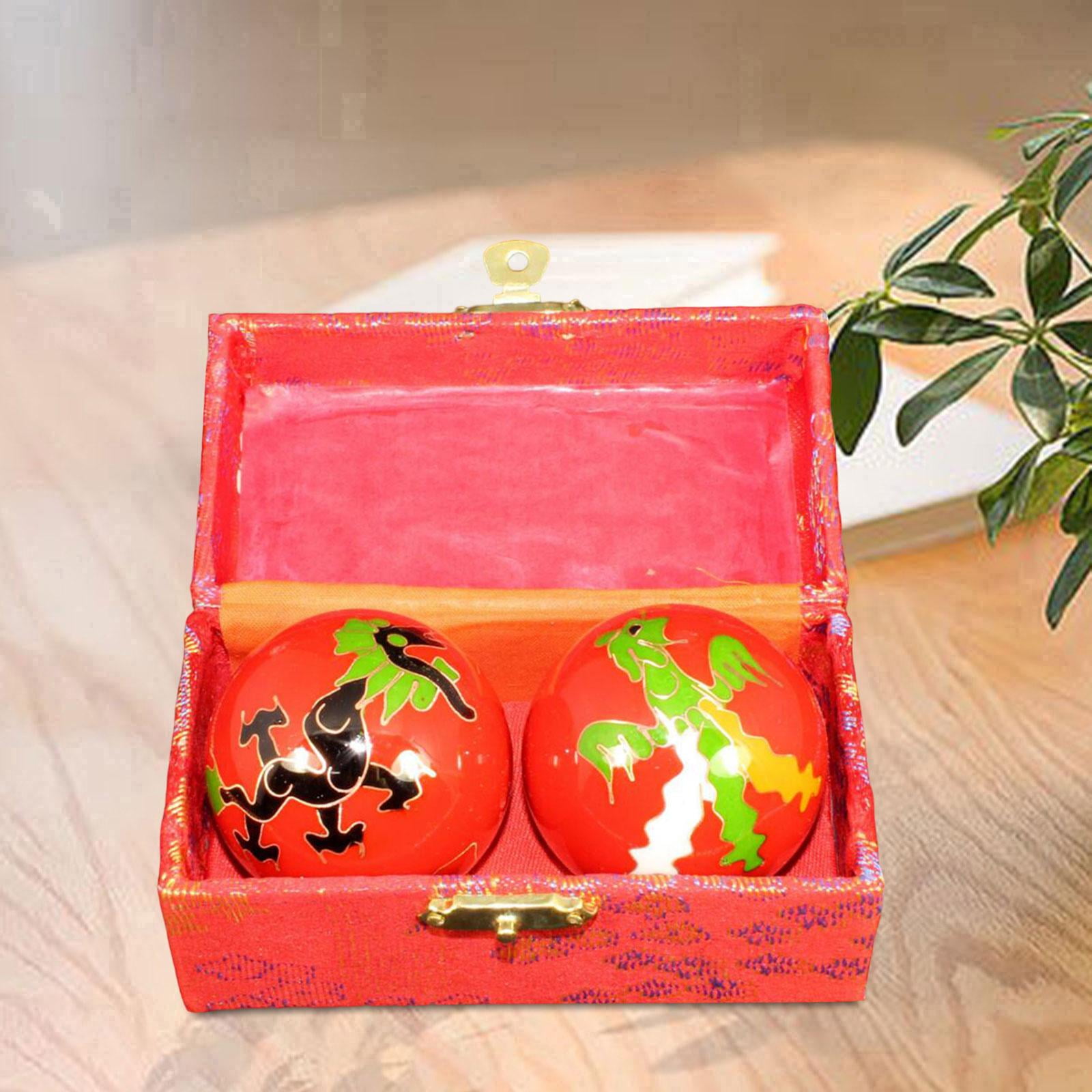 2 Pcs Massage Balls Chinese Exercise Handballs with Storage Box Durable Reusable Dragon