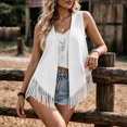 thumbnail image 6 of Women's Faux Suede Vest Open Front Sleeveless Long Fringe Hem Boho Beach Western Cowgirl Style Summer Festival Concert Casual Outwear Cardigan White, 6 of 7