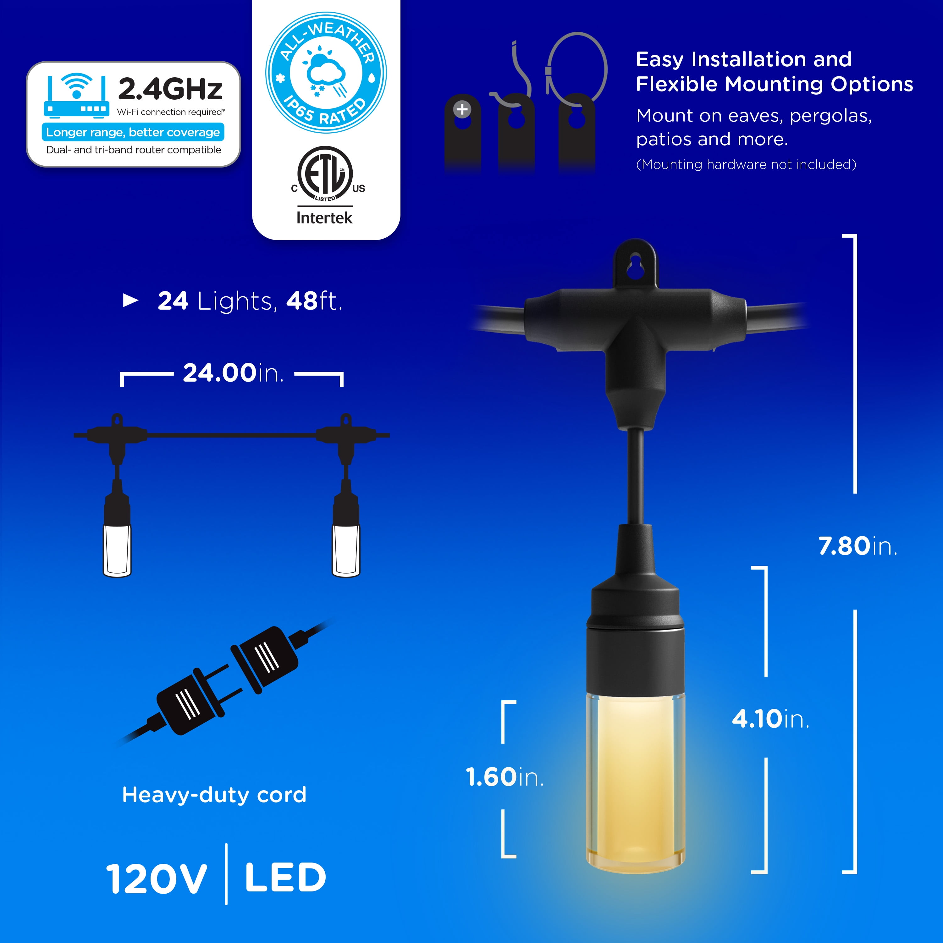 Enbrighten LED Wi-Fi Smart Modern Cafe Lights, Color Changing Outdoor String Lights for Backyard and Patio, 48ft
