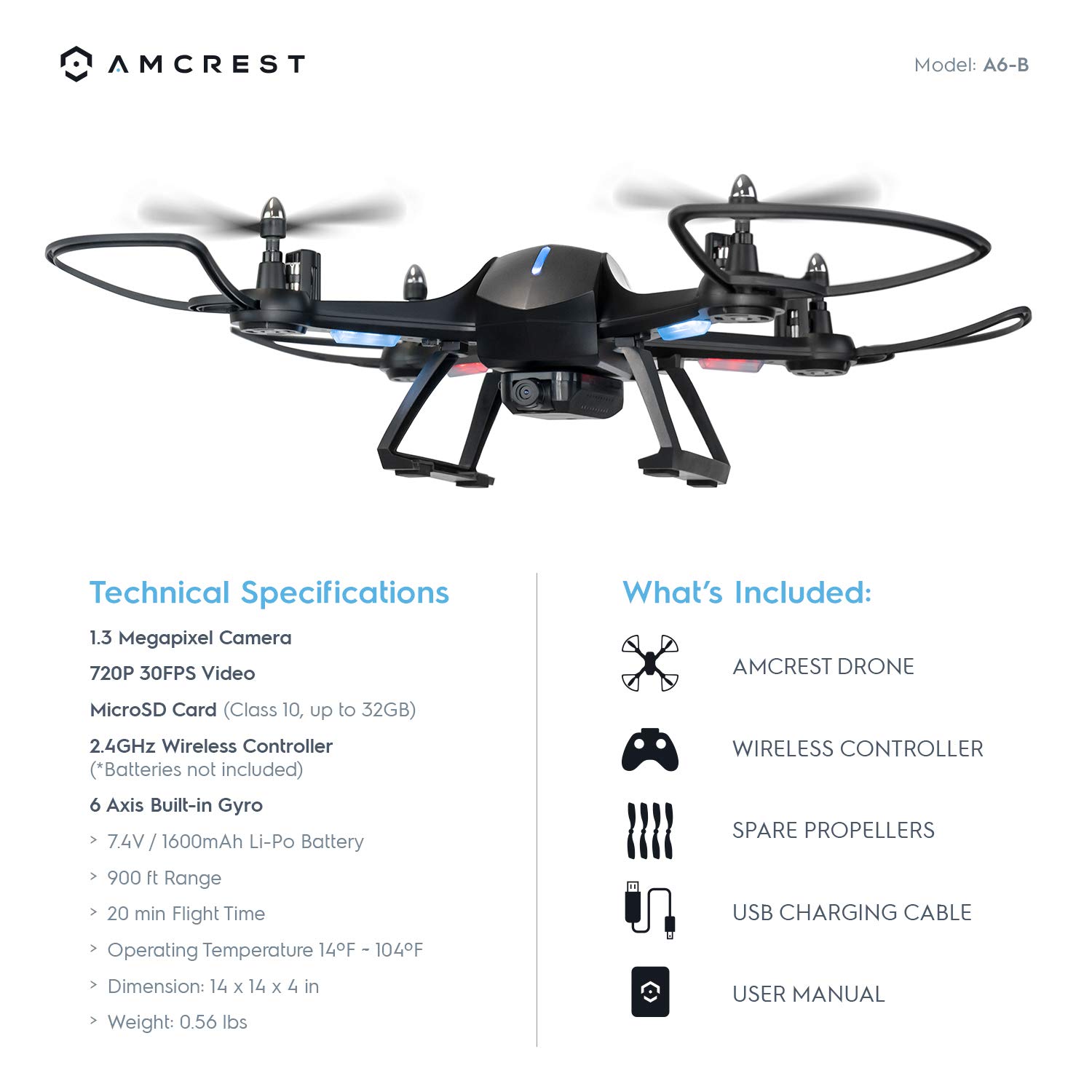 Amcrest A6-B Skyview Pro WiFi Drone with Camera HD 1.3MP FPV Quadcopter, RC + 2.4ghz WiFi Helicopter w/Remote Control, Headless Mode, Smartphone (Black) - image 2 of 6
