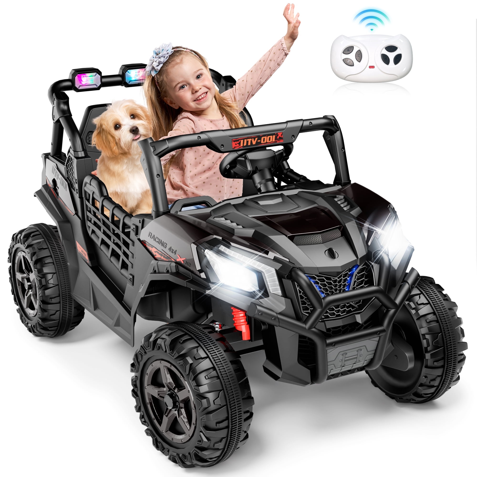 Joyracer 4WD 24 V Ride on Toys UTV with 2 XL Seaters, 4*200W Motor Kid Electric Power Car Wheels with Remote Control, LED Lights, Spring Suspension, 3 Speeds, Bluetooth Music, Black