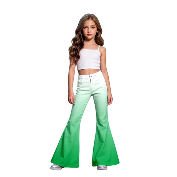 LRen Girls Bell Bottom Jeans with Adjustable Waist Gradient Straight Leg Pants High Waisted Bootcut Bell Bottoms with Pockets Flare Leg Casual Trousers for Tween Girls Age 9-10 Years