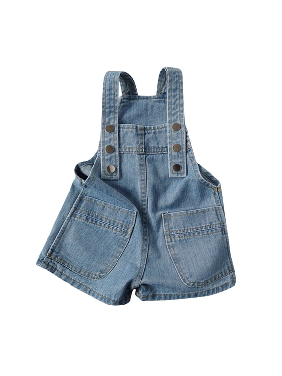 Coerni Girls Jean Overalls Vintage Metal Button Adjustable Straps Denim Short Bib Jumpsuits Baggy Casual Summer Kids Shortalls Rompers with Pockets