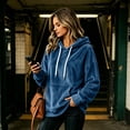 thumbnail image 6 of Hearthz Fuzzy Plush Hooded Sweatshirt for Women Solid Color Drop Shoulder Fleece Hoodie Women Fall Winter Warm Oversized Sweatshirt for Women with Pocket Blue M, 6 of 6