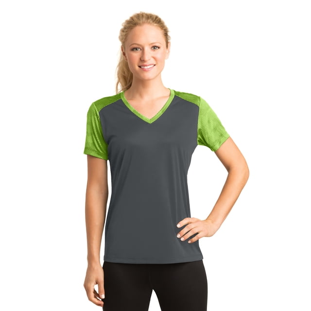 CAMISETA SPORT-TEK CamoHex Colorblock con cuello en V para mujer F20 deporte-tek LST371