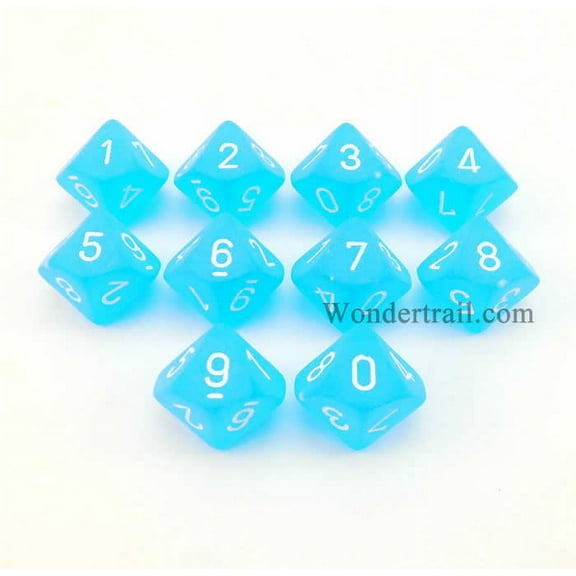 Caribbean Blue Frosted Dice with White Numbers D10 16mm (5/8in) Pack of 10 Dice Chessex
