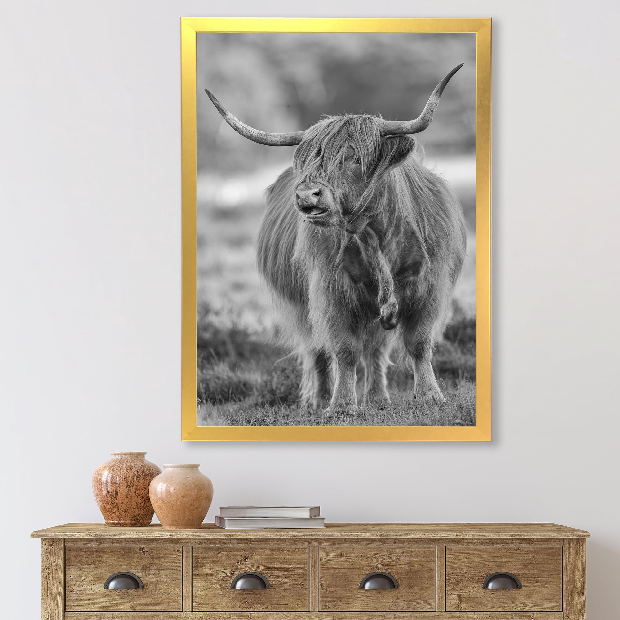 Designart 'Close Up View of Monochrome Bull' Farmhouse Framed Art Print
