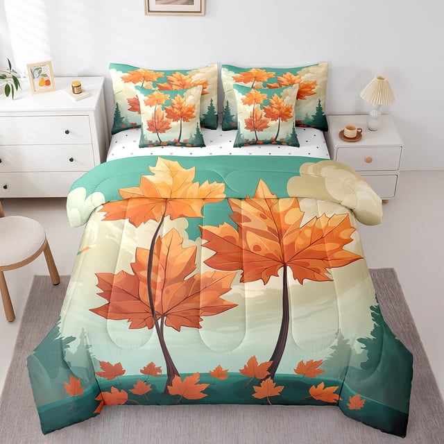 Maple Tree Leaf Bedding Sets 7-Piece For Kids Boys Girls Fall Theme Comforter Set Full,Green Jungle Bedding Comforter Sets Plant Botanical Bed in a Bag Blue Sky White Cloud Bedding Accessories