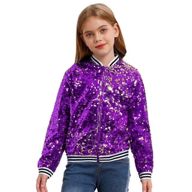 Yhong Veste de Baseball à Sequins Brillants pour Filles Enfants Manteau Cardigan de Rue Soirée Blazer Fête Formelle Violet 10