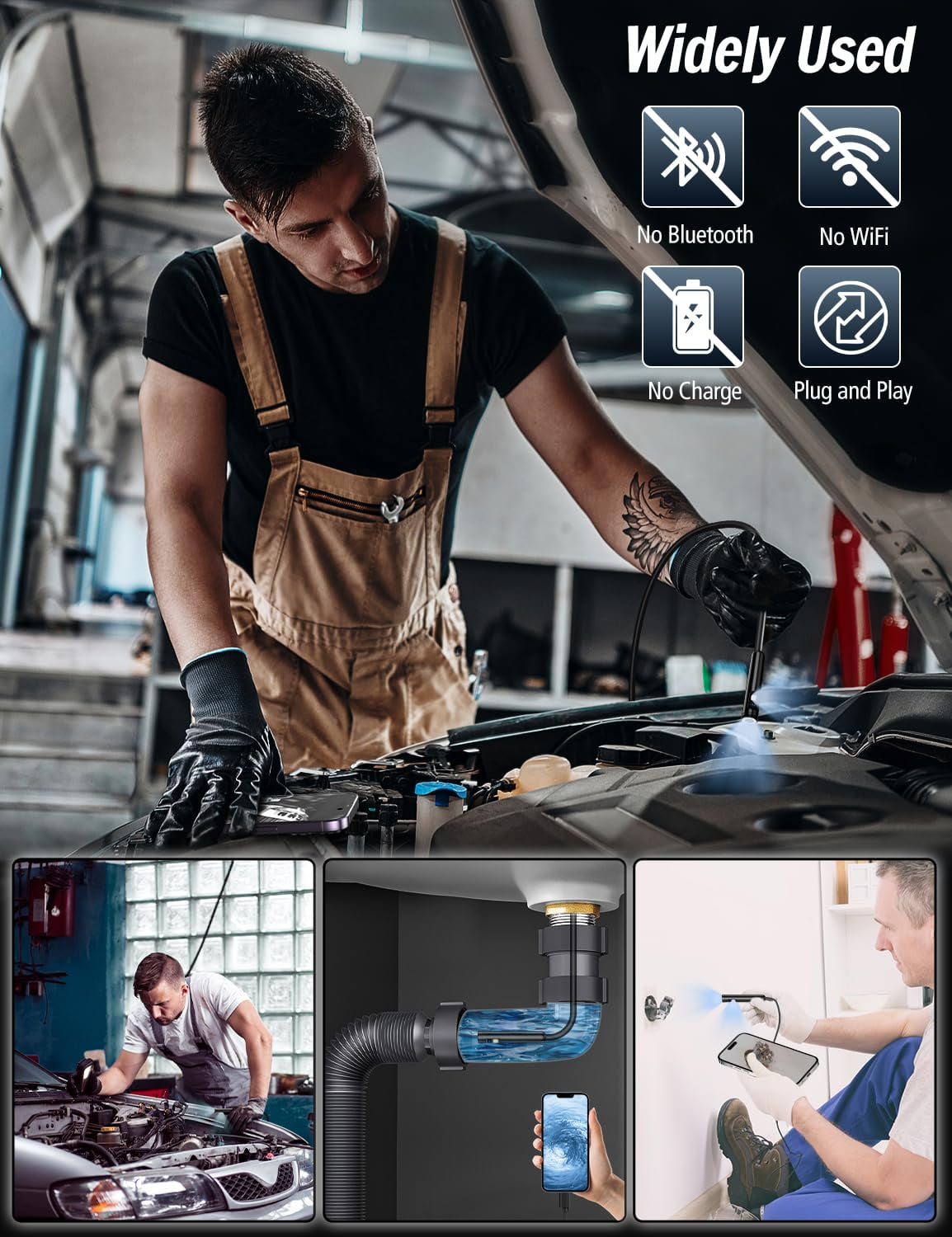 Ferdiiz Endoscope Camera with Light, 1920P HD Borescope with 8 Adjustable LED Lights, Borescope with 16.4ft Semi-Rigid Snake Camera with Light, 7.9mm IP67 Waterproof Endoscope for iOS and Android