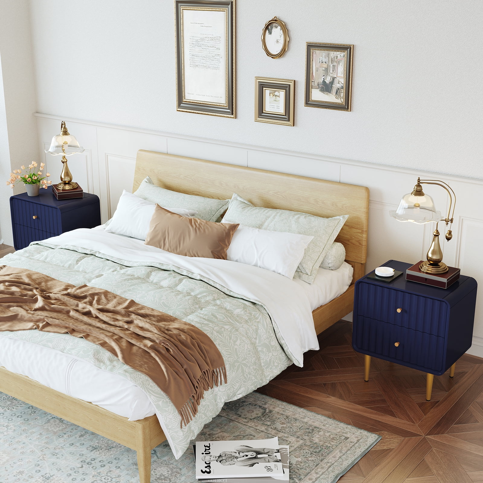 CBJCBJ 20" Modern Fluted Nightstand Set of 1, White Wood Bedside Table with 2 Drawers & Gold Metal Handles（BLUE)
