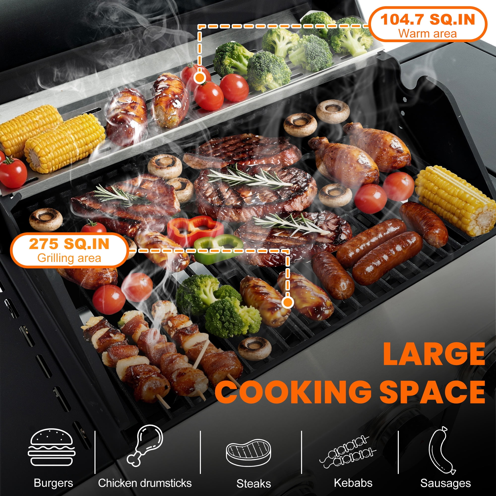Sesslife 3-Burner Propane Gas Grill, Portable BBQ Grill with Side Burner, 37,000 BTU, Outdoor Grill for Patio, Garden, Camping & Party Cooking