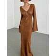 thumbnail image 5 of Women Long Knit Dress Solid Color Hollow-Out Deep V-Neck Long Sleeve Bodycon Dress Fall Backless Holiday Dress Y2k Streetwear, 5 of 6