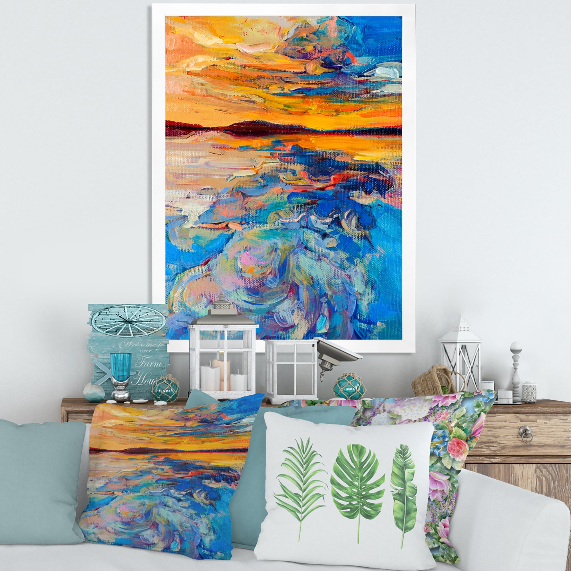 Designart 'Whirly Blue Waves Under Orange Sunset' Nautical & Coastal Framed Art Print