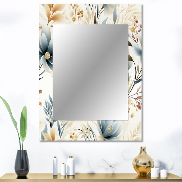 Designart "Soft Neutral Reverie" Floral Wall Mirror, Printed White Wall Mirror, Traditional Bathroom Wall Mirror, Decorative Floral Mirror - 30x40 Inch