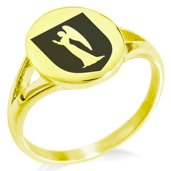 Stainless Steel Angel Divinity Coat of Arms Shield Minimalist Oval Top Polished Statement Signet Ring
