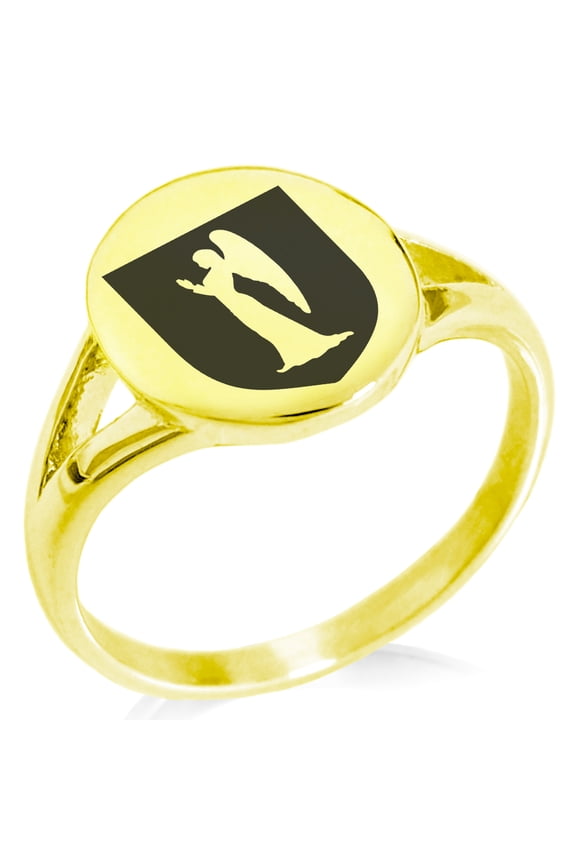 Stainless Steel Angel Divinity Coat of Arms Shield Minimalist Oval Top Polished Statement Signet Ring