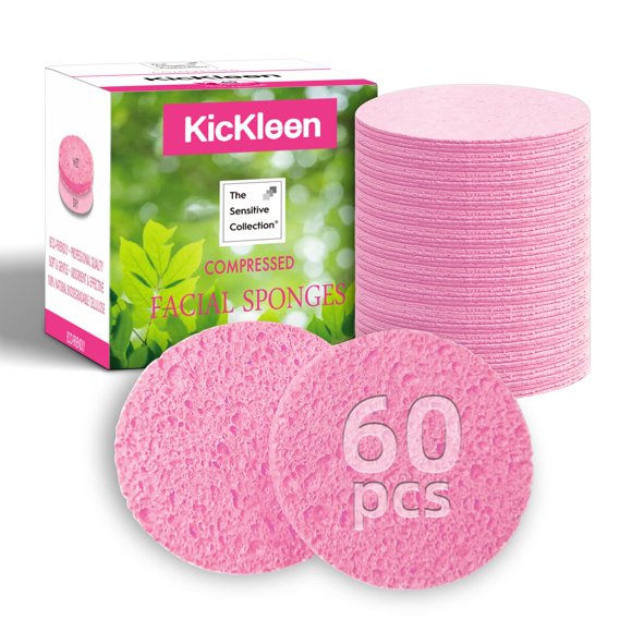 Esponjas faciales comprimidas de 60 unidades | Esponjas cosméticas de spa de celulosa Kickleen naturales para limpieza facial diaria | Eliminación de maquillaje y mascarillas | Exfoliante | Masaje d