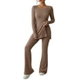 thumbnail image 3 of Women'S 2 Piece Matching Lounge Set Long Sleeve Top Wide Leg Pants Casual Sweatsuit Camel Color L, 3 of 8