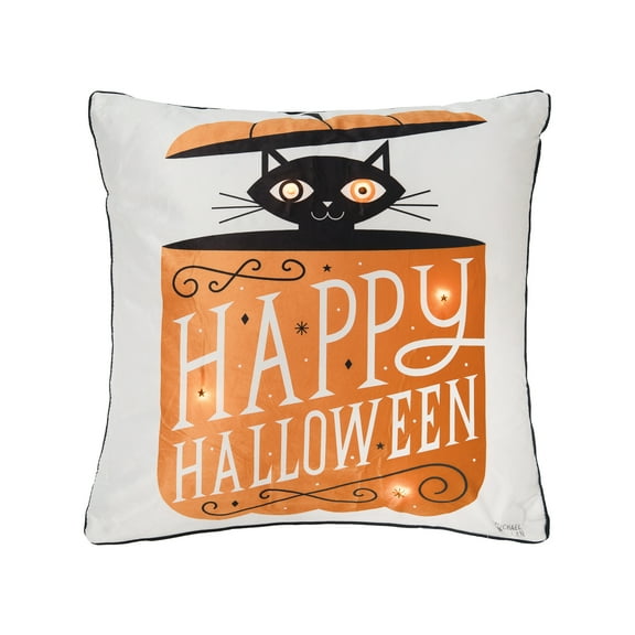Black Cat in Pumpkin "Happy Halloween" LED Accent Throw Pillow 18" x 18"