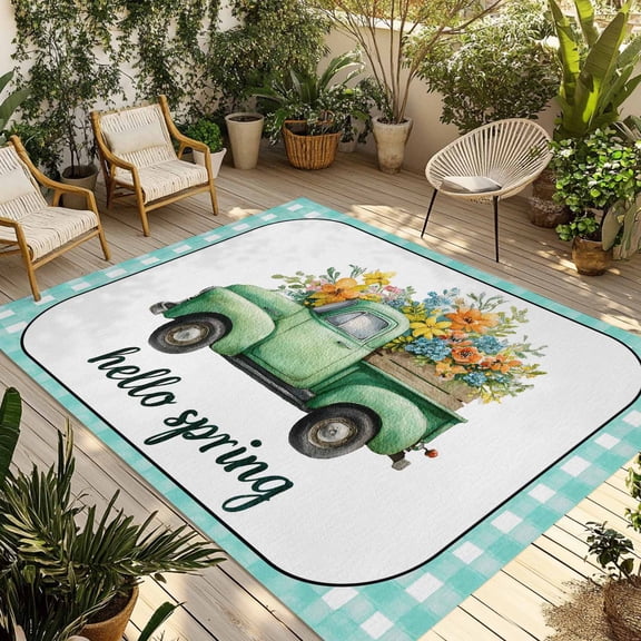 Hello Spring Outdoor Rug for Patio/Deck/Porch, Non-Slip Large Area Rug 5 x 8 Ft, Easter Flowers Green Truck Floral Blue Plaid Indoor Outdoor Rugs Washable Area Rugs, Camping Rug Carpet Runner