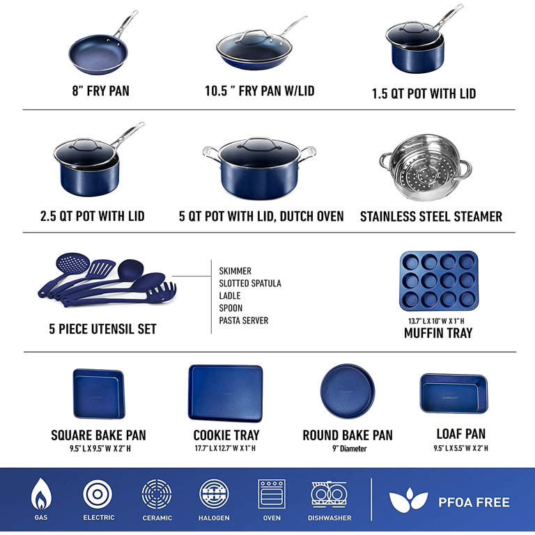  Granitestone 20 Piece Cookware Set Nonstick Pots and Pans Set  Bakeware Set with Ultra Nonstick Durable Mineral & Diamond Coating 100%  PFOA PFAS Free Cookware, Metal Utensil Oven & Dishwasher Safe-Blue 